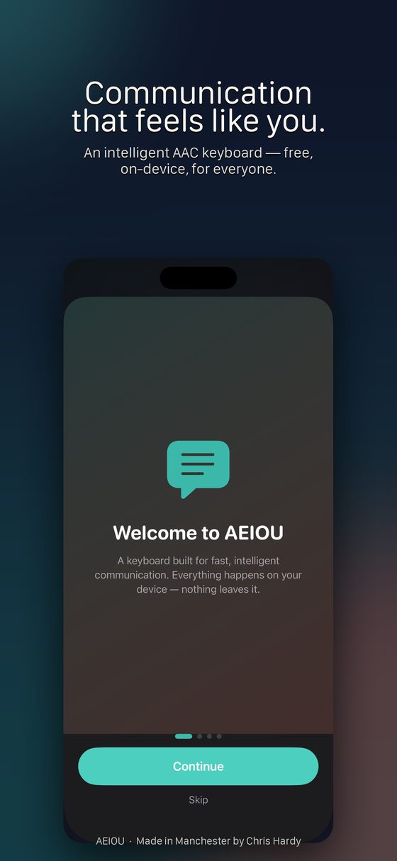 AEIOU's welcome screen: communication that feels like you