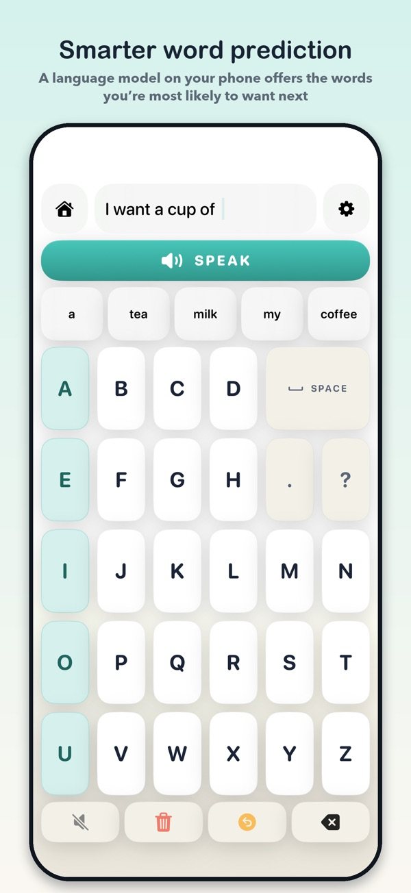 The AEIOU keyboard predicting the next word in “I want a cup of”