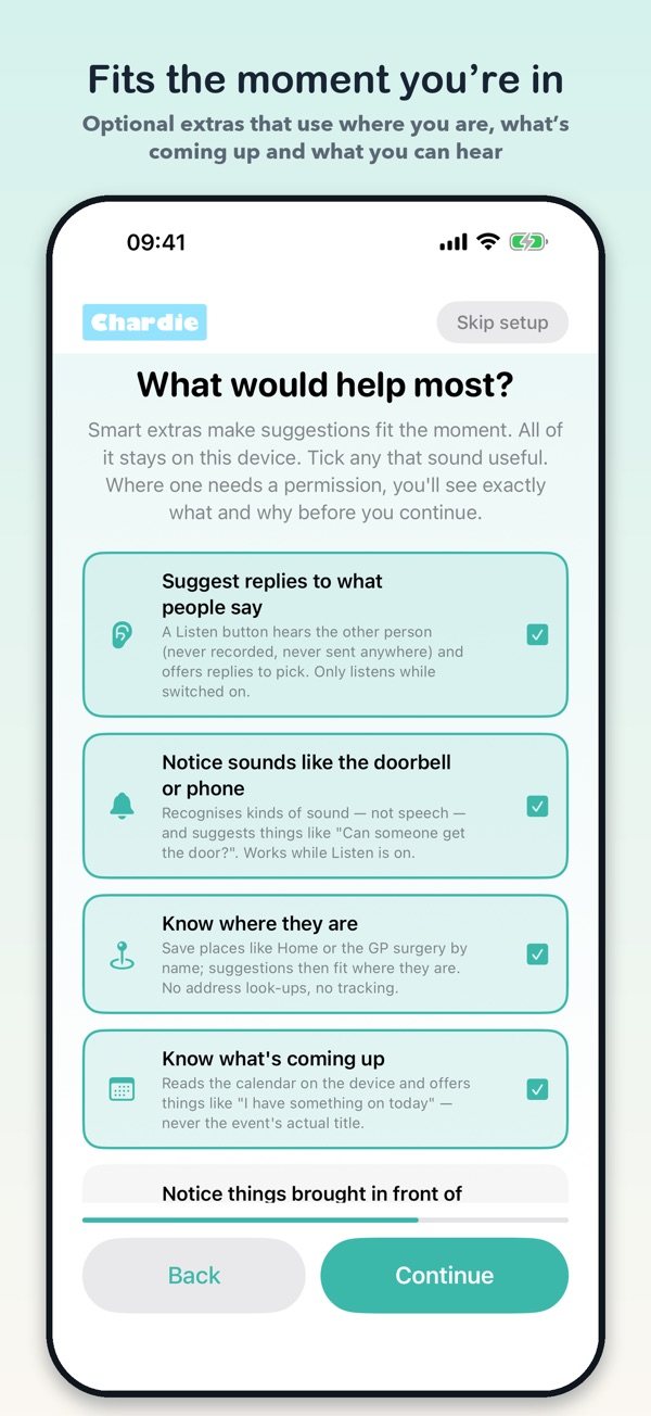 AEIOU's guided setup asking what would help most