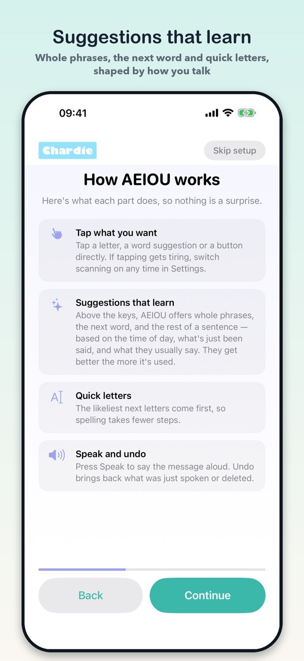 How AEIOU works: tap what you want, suggestions that learn, quick letters, speak and undo