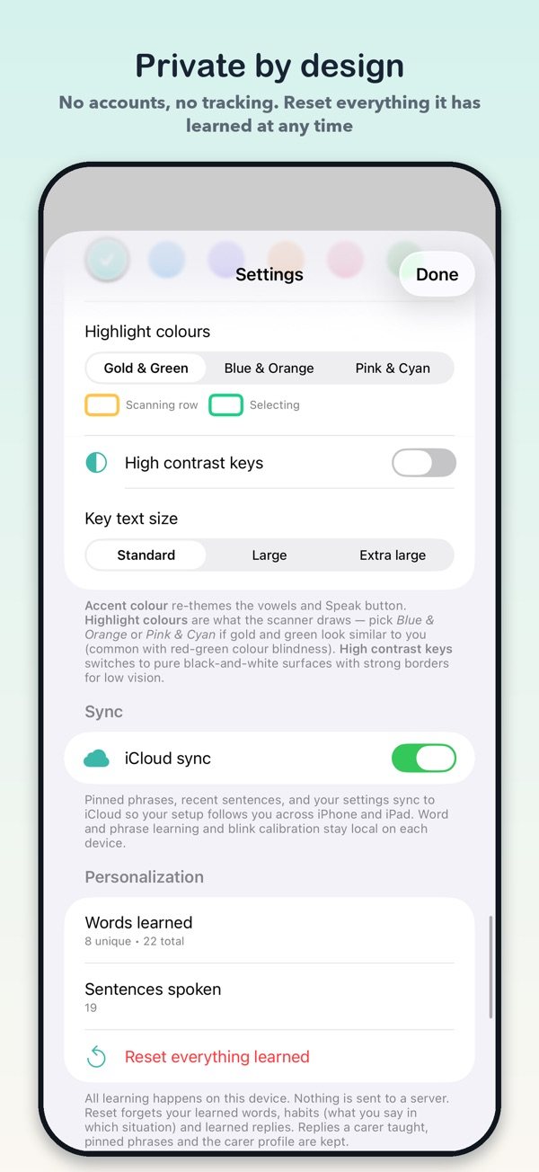 AEIOU's privacy settings, including iCloud sync and resetting what it has learned