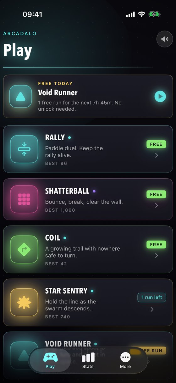 Arcadalo's Play hub, with the daily free game and every game tile