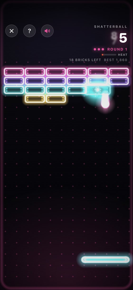 Shatterball, Arcadalo's brick-breaker, mid-run