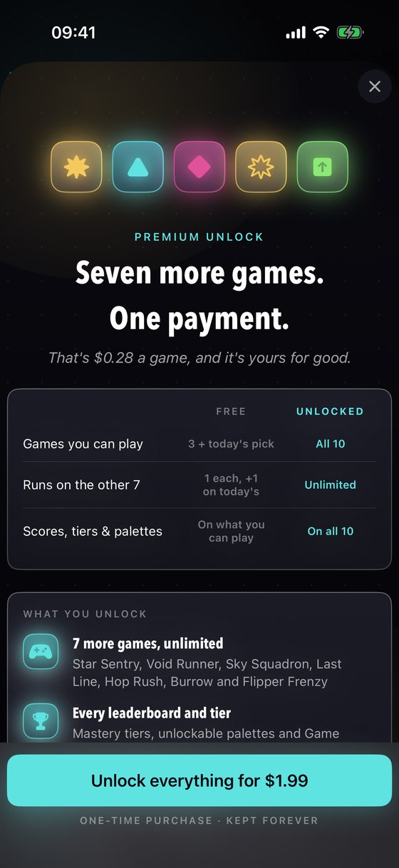 Arcadalo's one-time unlock screen for the seven premium games