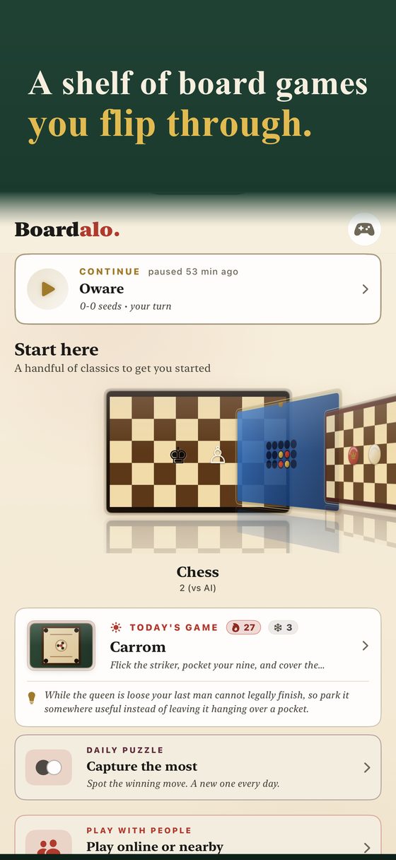Boardalo's home screen, a wooden shelf of 36 board games