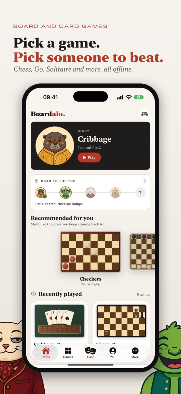 Boardalo's home screen: pick a game, pick someone to beat
