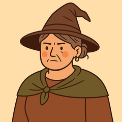 Agatha, a village witch in a mud-hemmed dress and pointed hat
