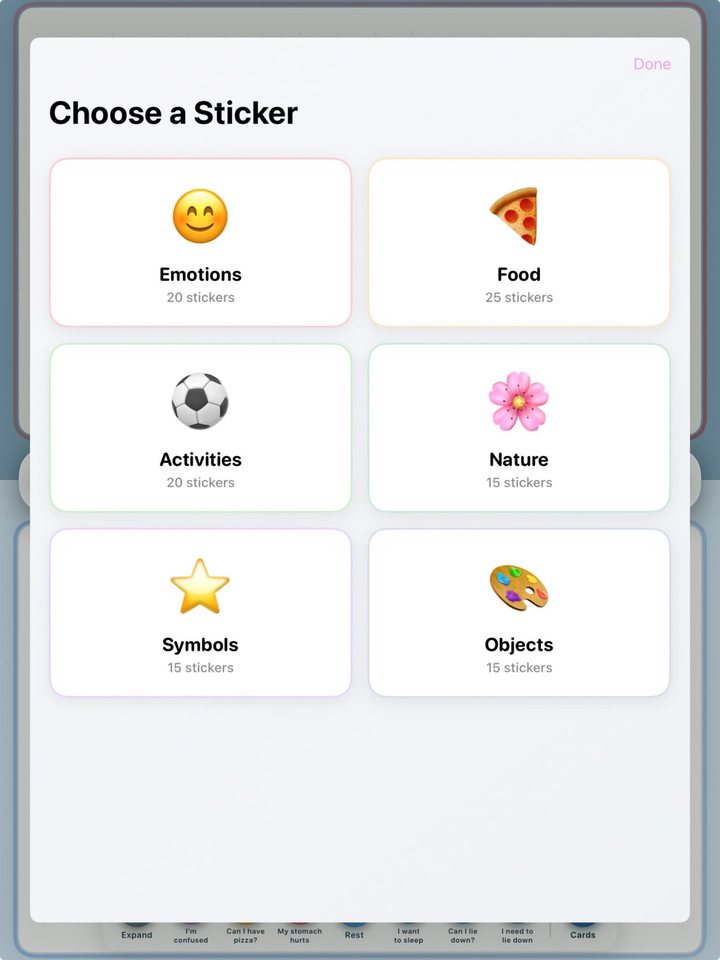 Kammunicate's sticker picker: emotions, food, activities, nature, symbols and objects
