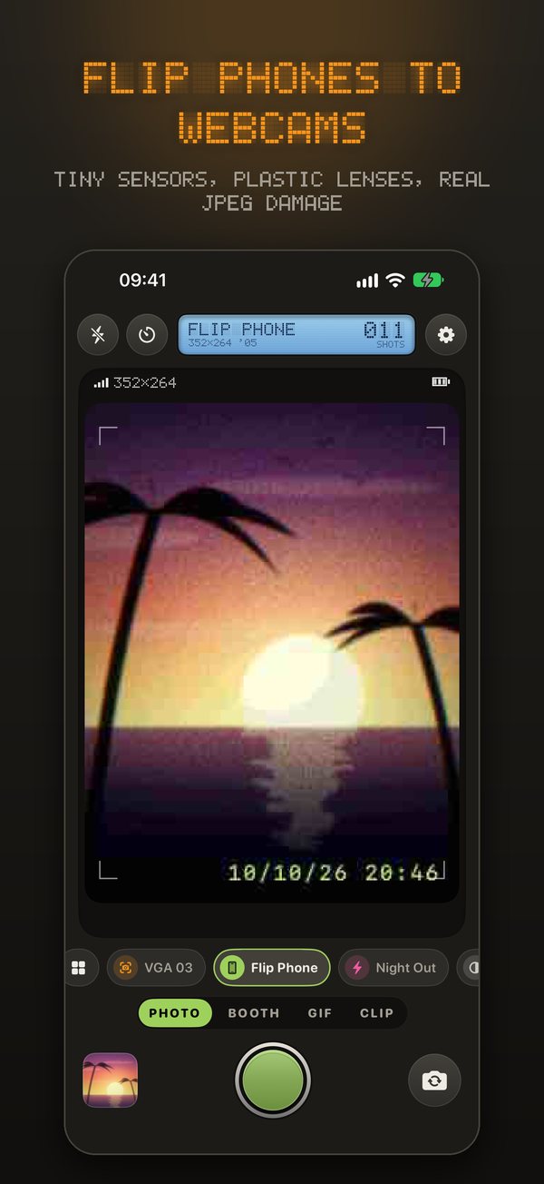 Kilobyte's Flip Phone camera: tiny sensor, plastic lens, real JPEG damage