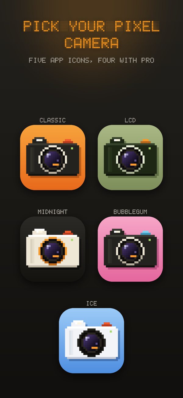 Kilobyte's five app icons: Classic, LCD, Midnight, Bubblegum and Ice