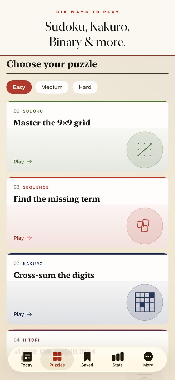 Numalo's puzzle picker across types and difficulties