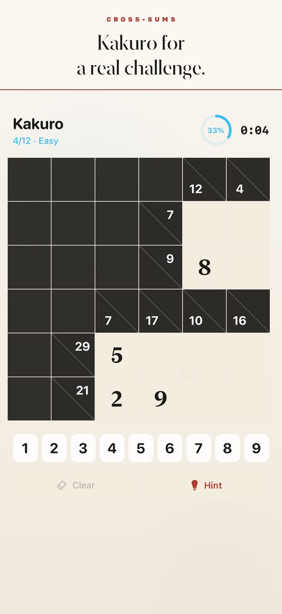 A Numalo kakuro cross-sums puzzle