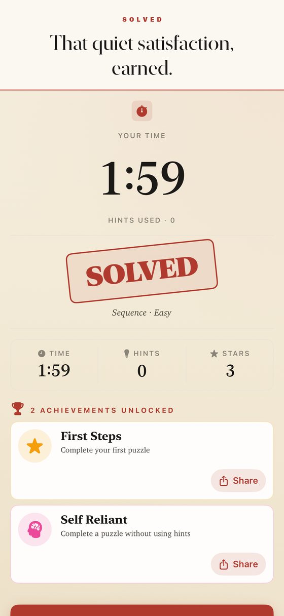 A solved Numalo puzzle with its quiet completion screen