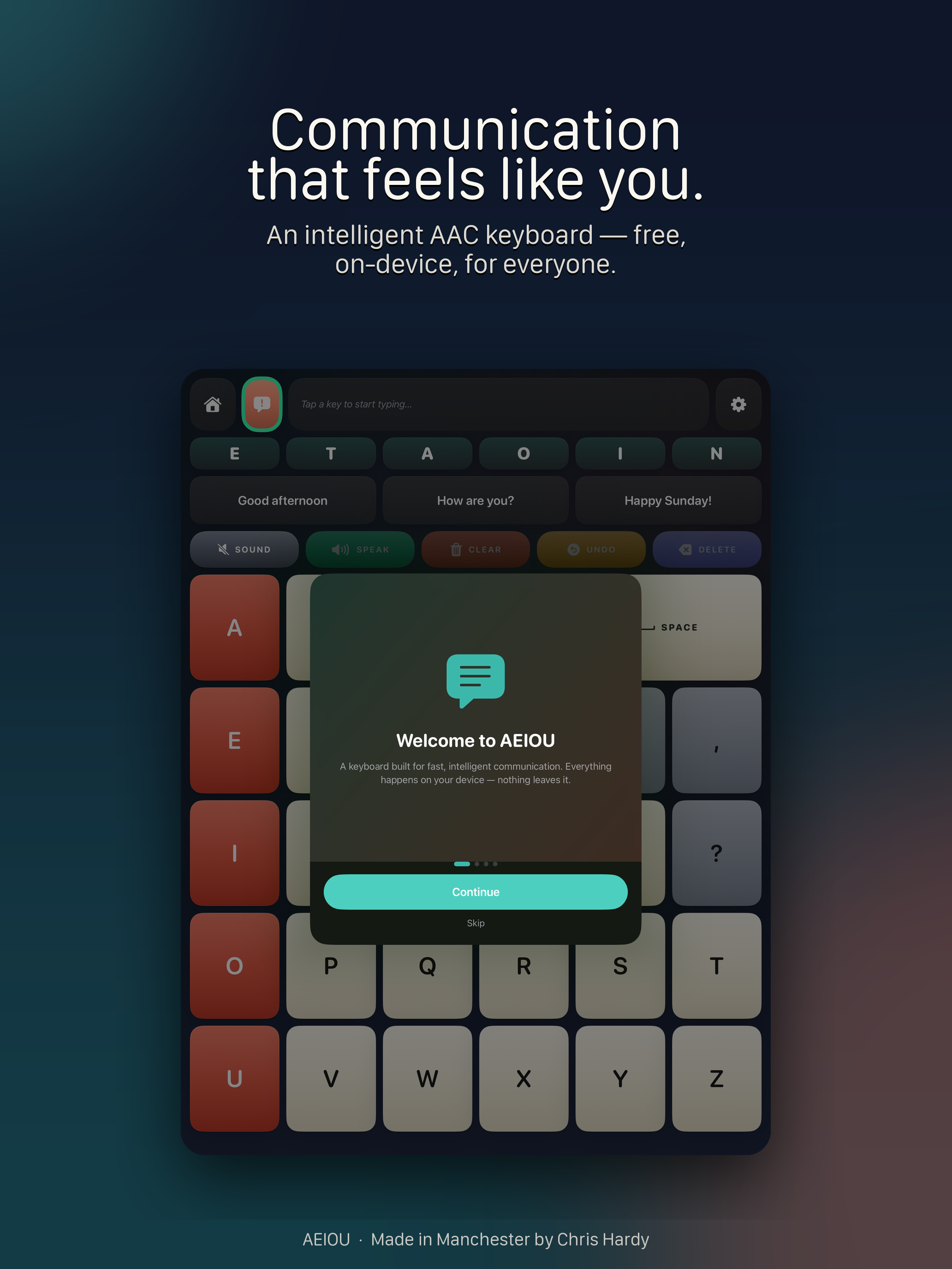 AEIOU welcome screen on iPad.