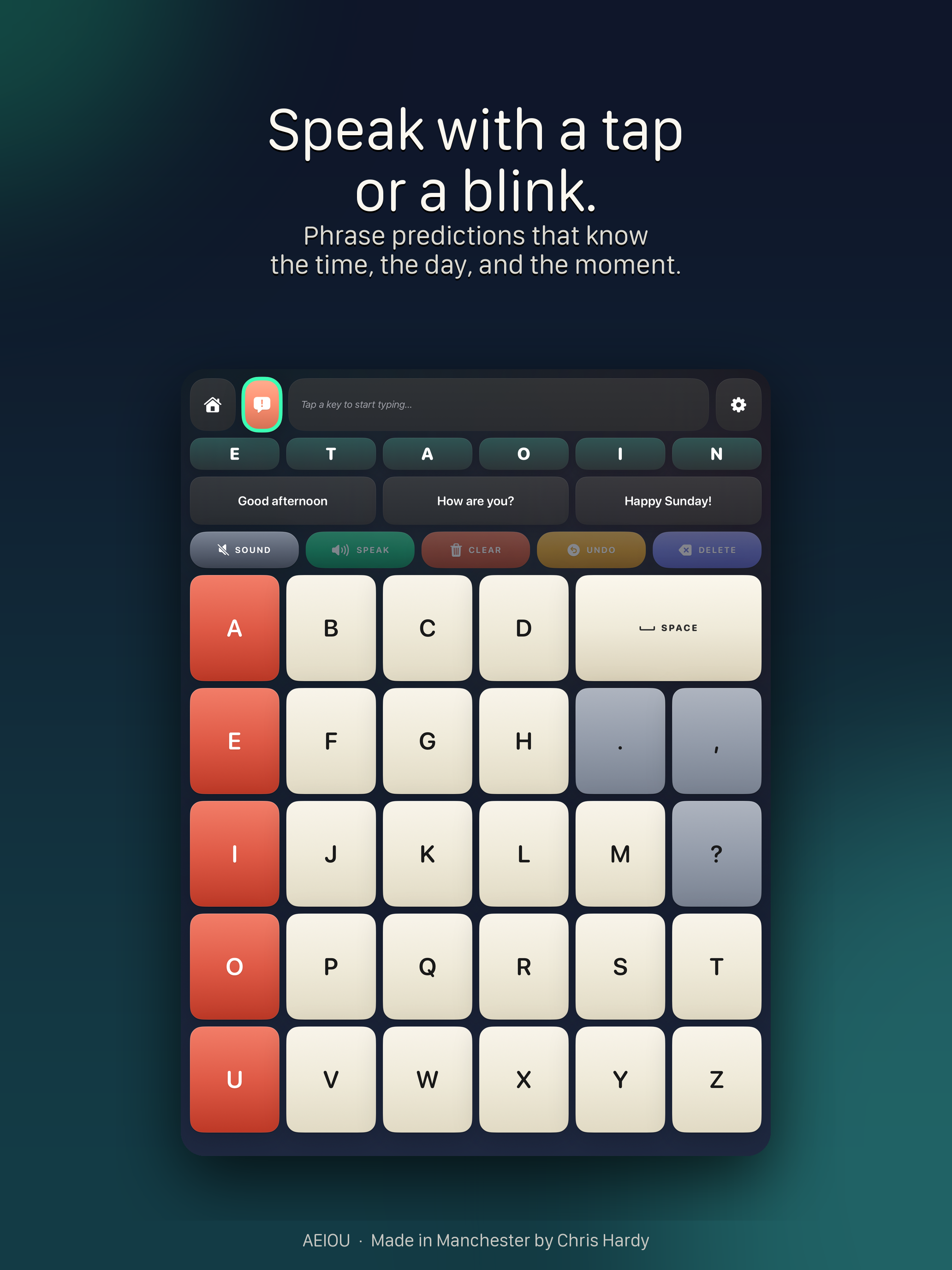 The AEIOU keyboard on iPad with the larger key layout.