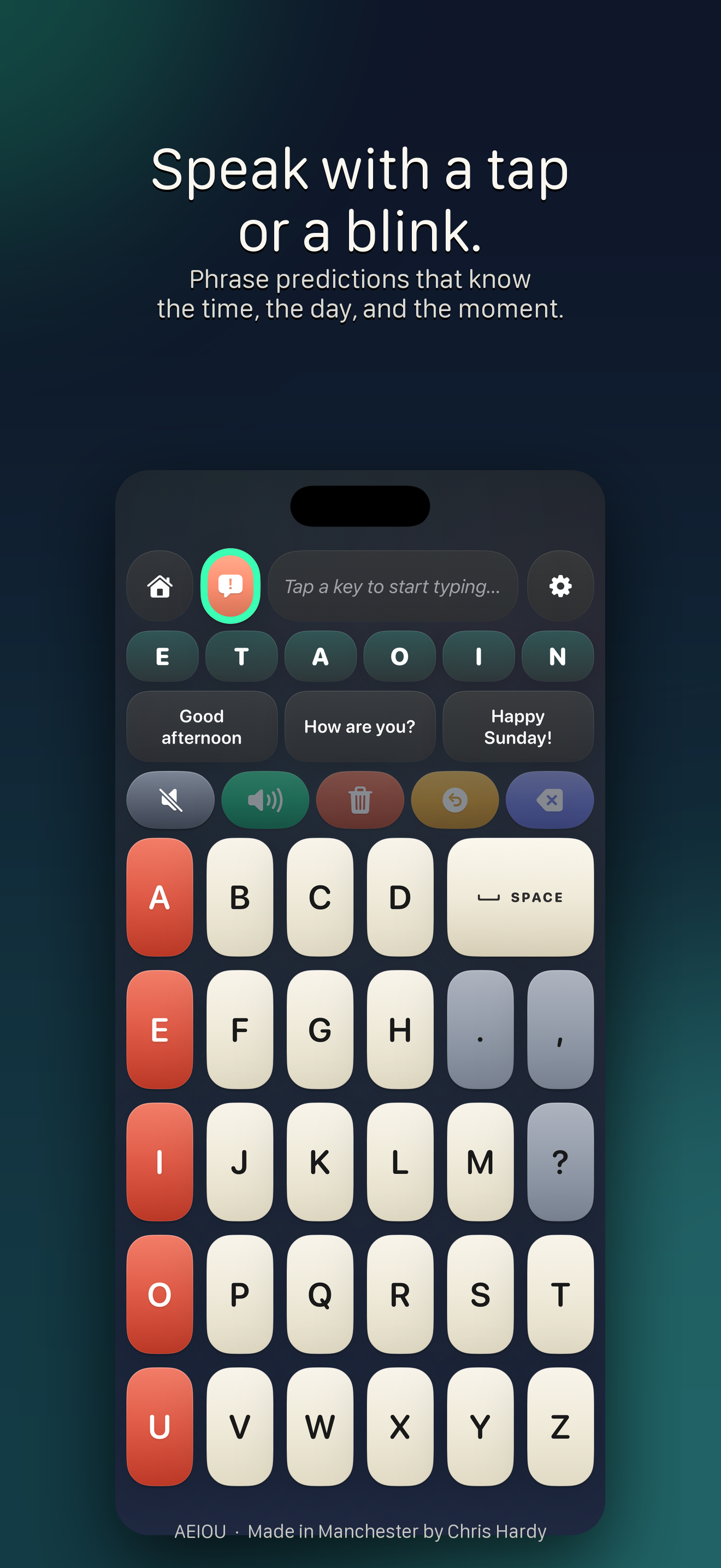 The AEIOU keyboard suggesting time-relevant phrases like 'Good afternoon' and 'How are you?'.