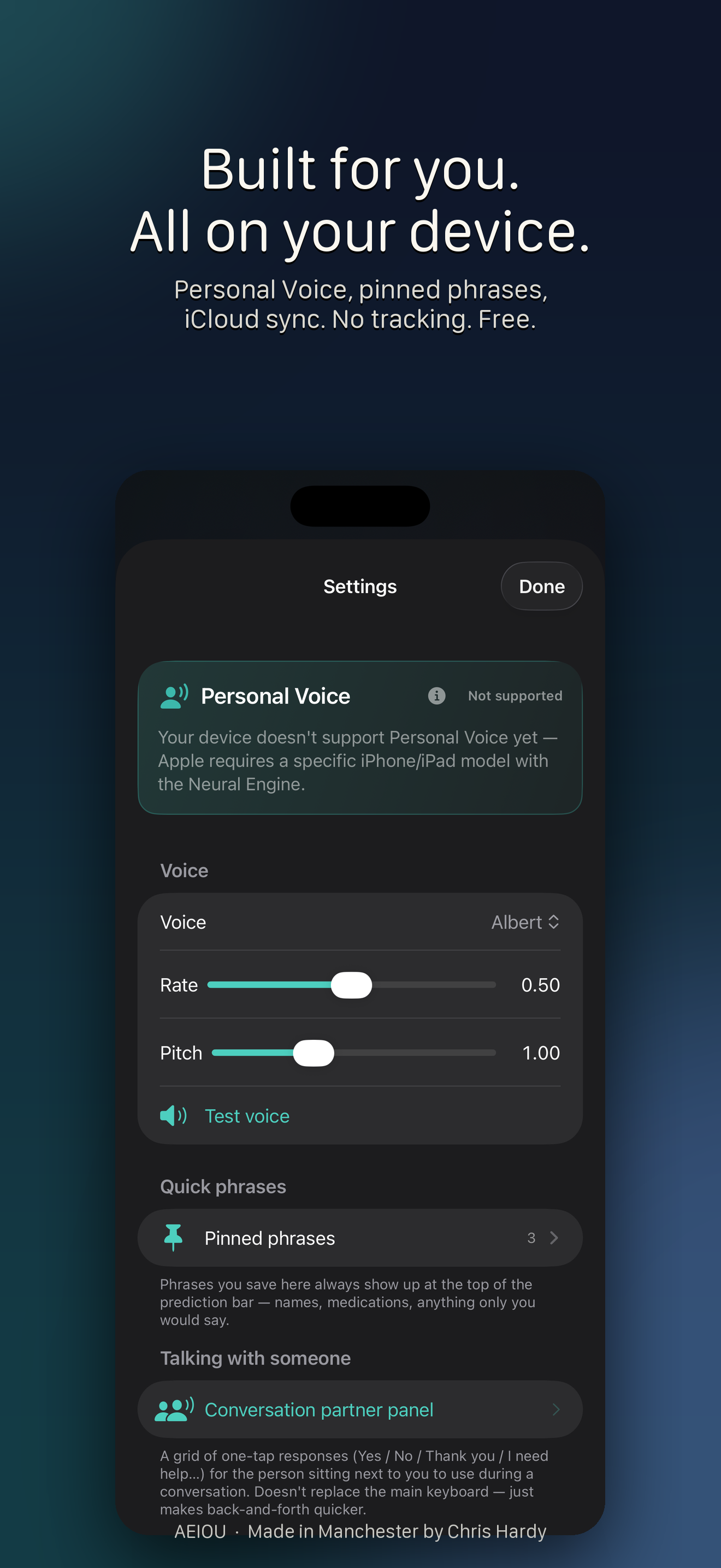 AEIOU settings showing blink calibration and Personal Voice options.