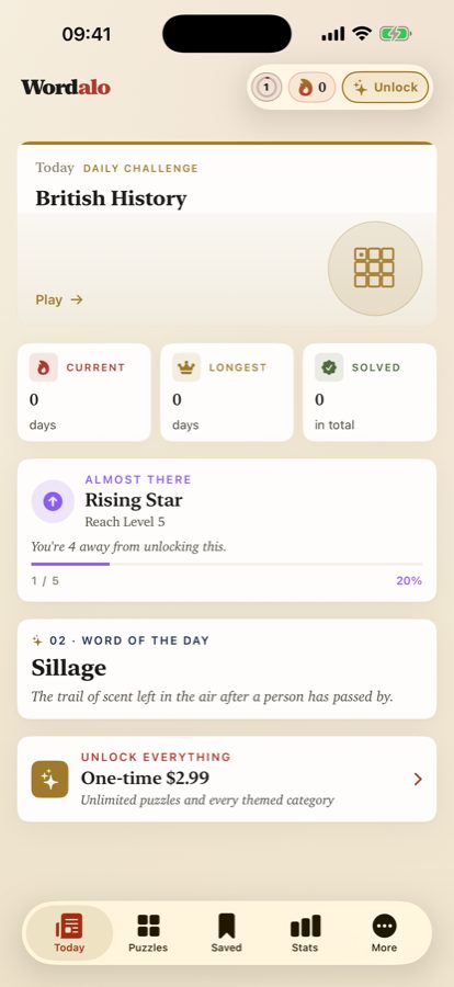 Wordalo's home screen with the day's puzzles and streak