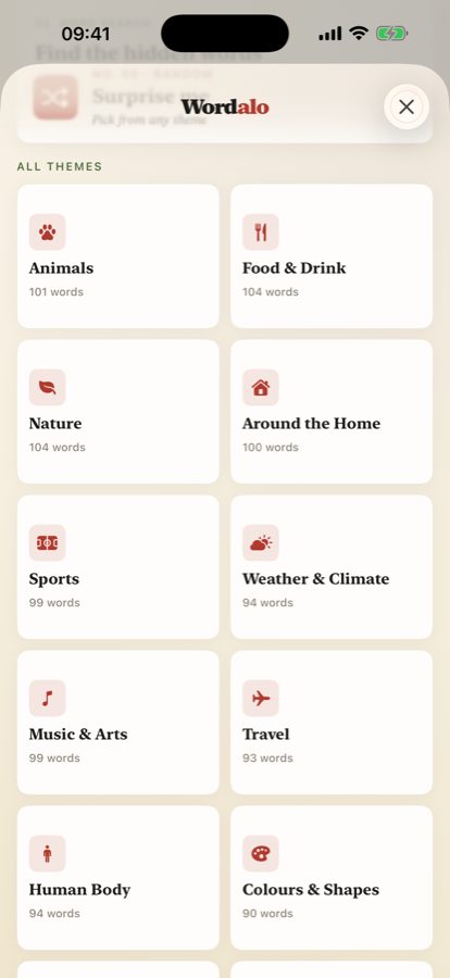 Wordalo's themed word categories, from Royal Britain to Classic Cinema