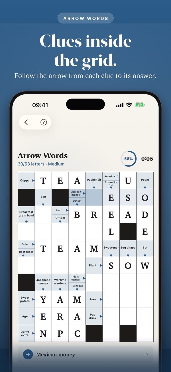 A Wordalo Arrow Words puzzle with clues inside the grid