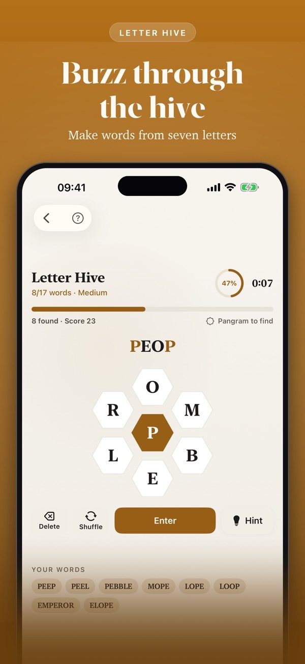 A Wordalo Letter Hive puzzle